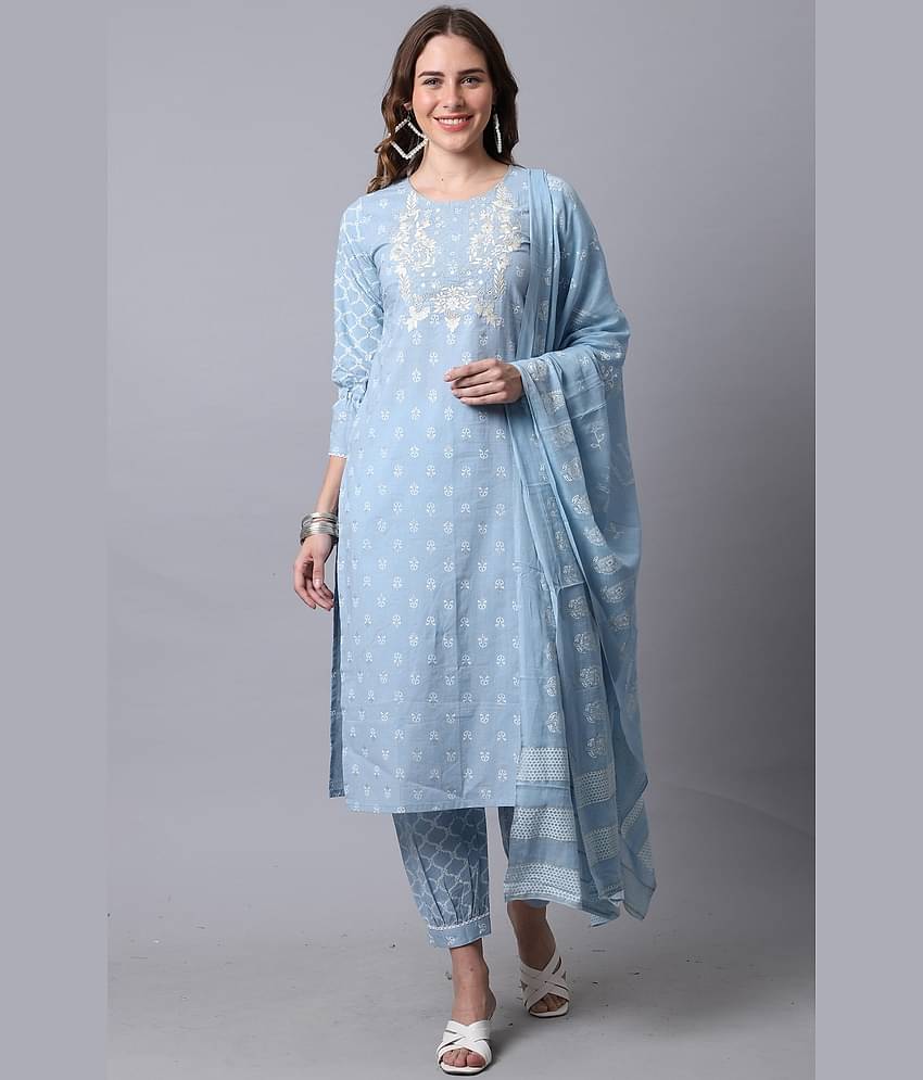 Rajnandini - Blue Straight Cotton Women's Stitched Salwar Suit ( Pack of 1 )