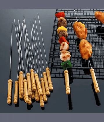Stainless Steel BBQ Sticks (Pack of12, 12") Flat Kebab Sticks with Cool-Touch Wooden Handles Rust Proof, Reusable Metal BBQ Skewers for Kebabs, Paneer, Veggies & Seafood