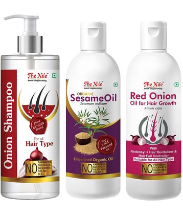 The Nile Red Onion Shampoo 200 ML + Sesame  Oil 100 ML + Red Onion Oil 100 ML  Shampoo 400 mL Pack of 3