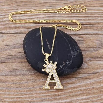 Crown Alphabet Letter A Gold American Diamond Copper Pendant Chain for Women-A