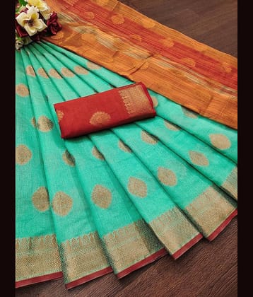 IndShopMart Cotton Silk Woven Saree With Unstitched Blouse Piece ( Rama )