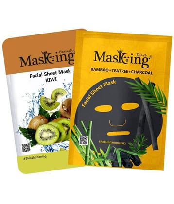 Masking BeautyDiva Kiwi, Bamboo, Teatree and Charcoal Face Sheet Mask Masks 50 ml Pack of 2