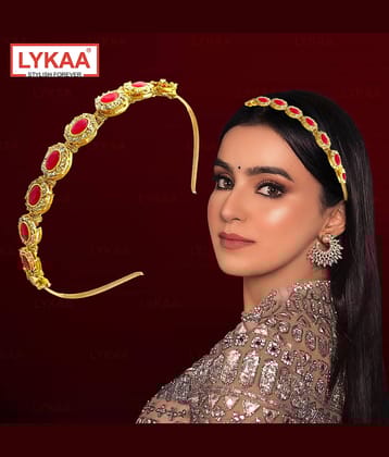 Lykaa Kundan Jewellery Golden Pink Plated Hair Band Mathapatti Hair Band For Women and Girls (Pink)