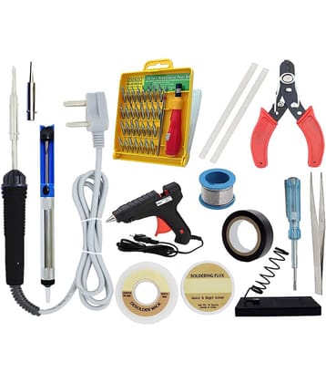 ALDECO: ( 15 in 1 ) 25 Watt Soldering Iron Kit With- Black Iron, Wire, Flux, Wick. Stand, Cutter, Tester, Tweezer, Tape, Bit, Glue Gun, 2 Glue Stick, Desoldering Pump, Jackcley 32