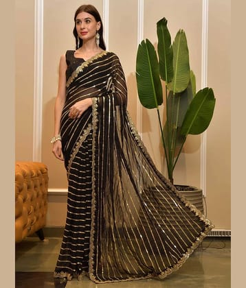 KV Fashion Georgette Embellished Saree With Unstitched Blouse Piece ( Black )