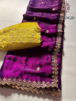 New Partywear Purple Color Crunchy Chiffon Crush Silk Embroidery n Cut Work Fancy Designer Saree
