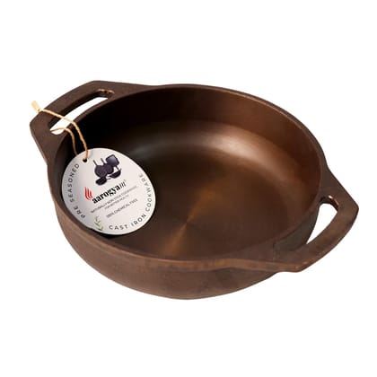 Aarogyam Cast Iron Round Flat Base Loha Kadai, Double Handle, Pre-Seasoned 9 inch Diameter (23 cm), Naturally Non-stick, Toxin-Free, Gas & Induction Compatible, Weight- 2.1 kg (Colour - Black) by Aarogyam - The Cast Iron Shop