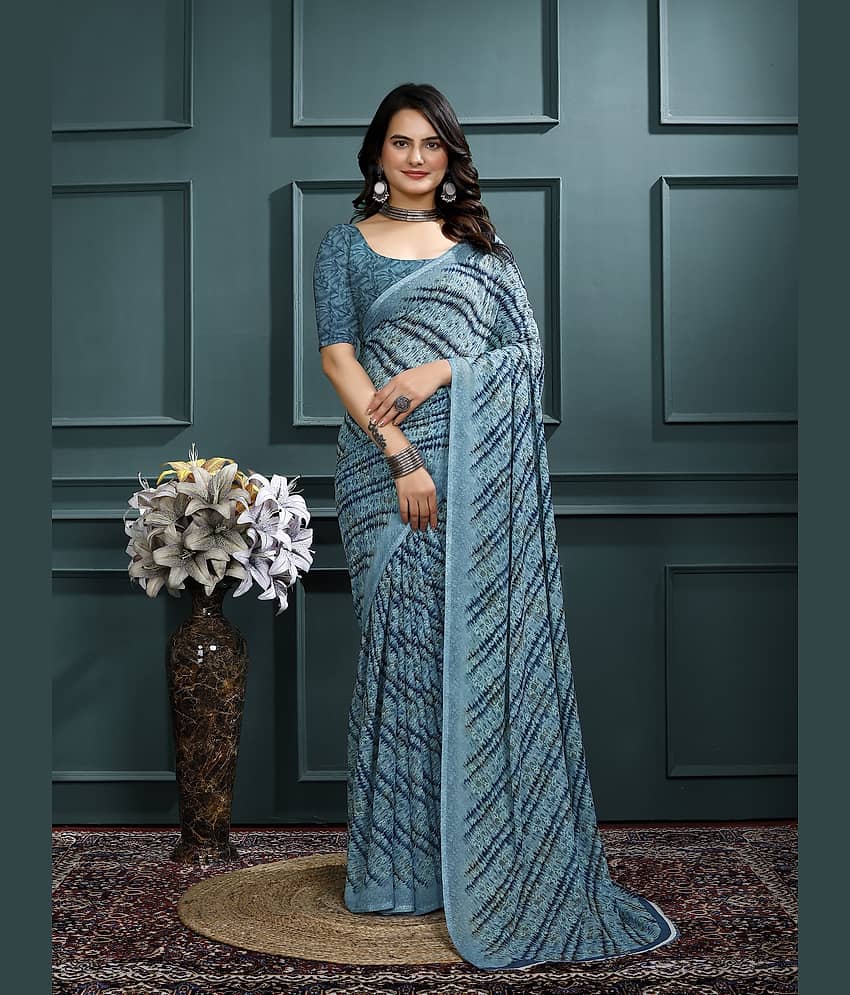 Kanooda Prints Georgette Printed Saree With Unstitched Blouse Piece ( Grey )