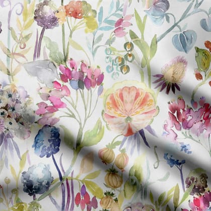 Watercolor floral garden Satin Linen Fabric