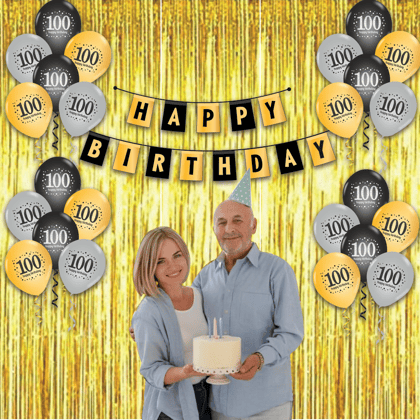 100th Birthday Decoration Items- Pack of 17 Birthday Decorations Kit 15 Black & Gold Printed Balloons 1 Banner 1 Curtain  Birthday Decorations for Husband  & Wife Birthday Decoration for Adults