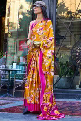 Bucolic Yellow Digital Printed Satin Silk Saree With Cynosure Blouse Piece