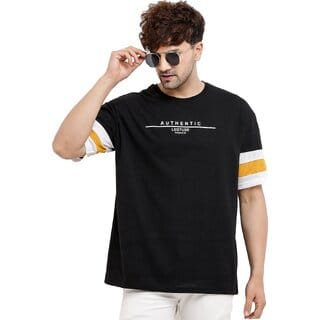 Leotude Men Black Printed Cotton Blend Casual T-Shirt