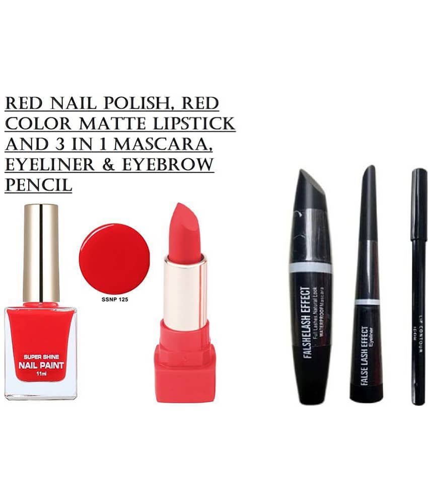 RTB Red Nail Paint & Lipstick With Liquid Eyeliner, Lip Contour & Mascara Black Pack of 5