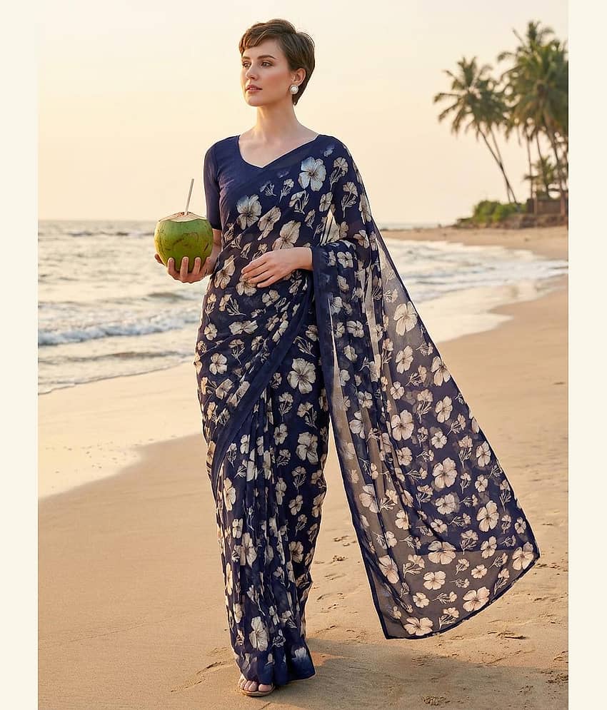 Kashvi Sarees Georgette Printed Kasavu Saree With Unstitched Blouse Piece ( GREEN )