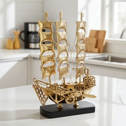 Brass Home Decor Ship Model – Nautical Wooden Base Showpiece, Height : 12.9 Inch (MRMAS223 C)