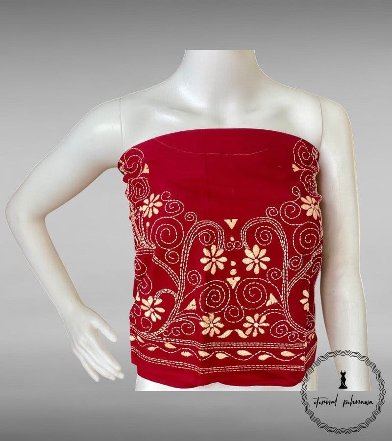 Red Bengal Kantha Hand Embroidered Blouse Piece for Sarees (Copy)
