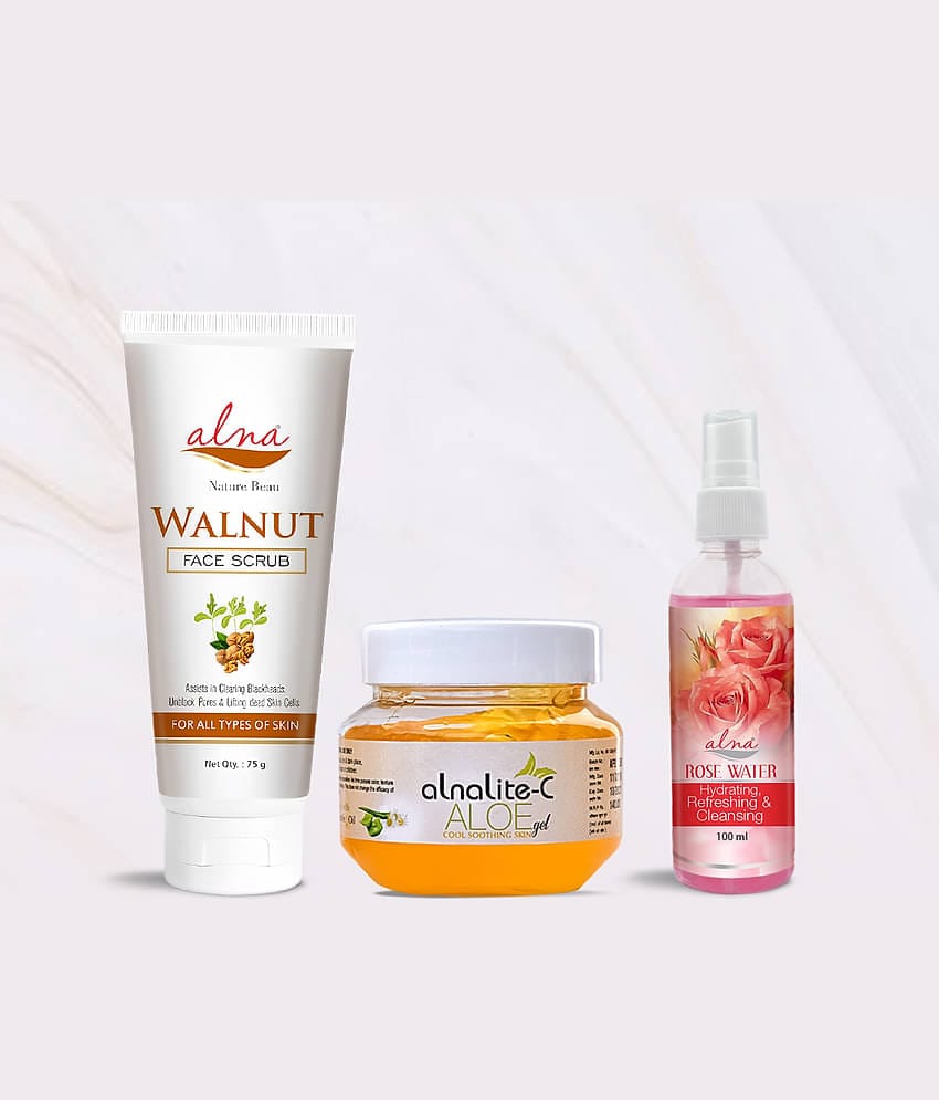 Alna Walnut Face Scrub 75gm with Alnalite-C Aloe Gel 100gm & Rose Water 100ml , Pack of 3
