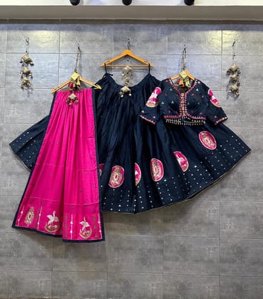 Jaam Cotton Silk Gamthi work Navratri Special Chaniya Choli-Ready To Wear / Blue
