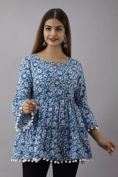 Casual Bell Sleeves Printed Women Blue Top