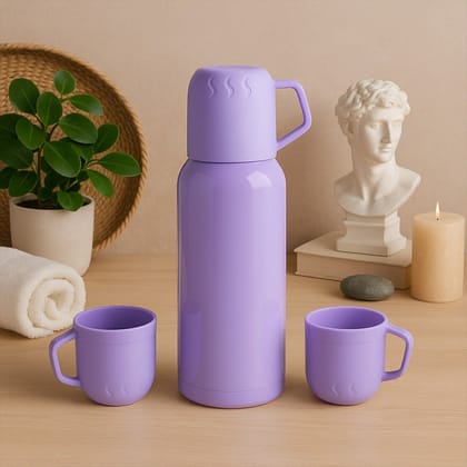 Purple Vacuum Flask Set – Stainless Steel Thermos with 3 Cups, Approx 500ml