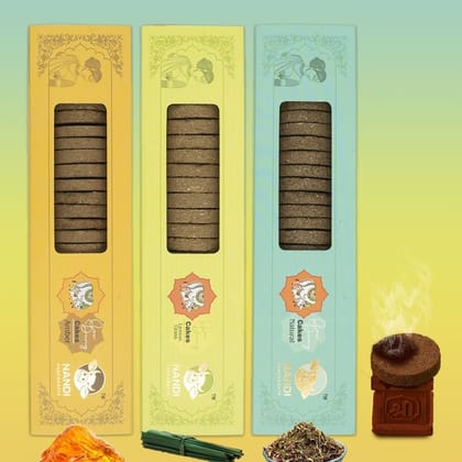 Nandi Panchgavya 100 Percent Desi Cow Dung Cake Kande (63 Pcs) (Amber, Lemongrass, Natural Fragrance-Pack of 3)