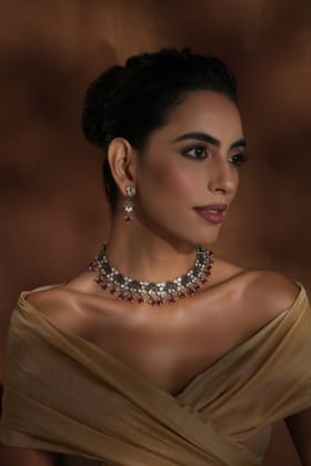 Nijara Red Polki Necklace Set-Polki