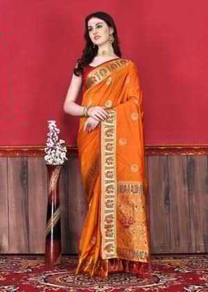 Yavira silk Women's Orange Handwoven Silk Blend Saree