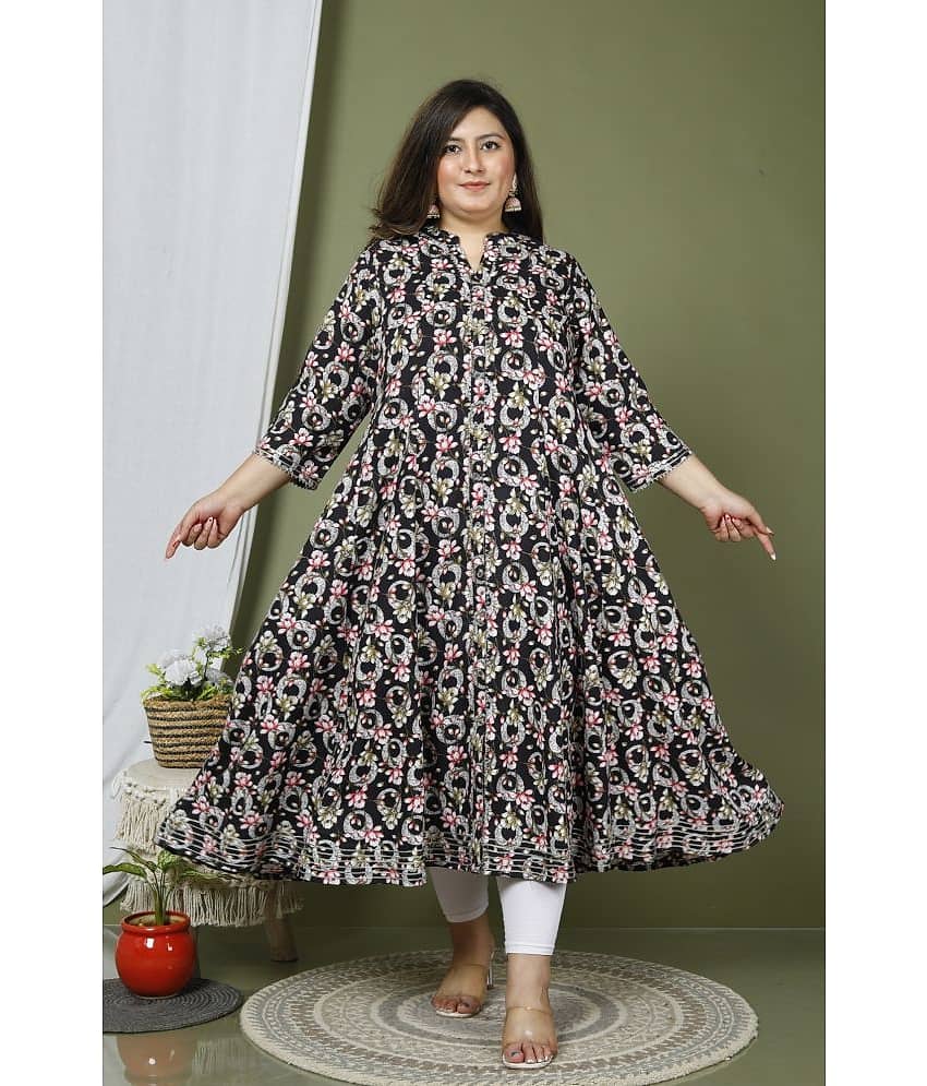 Swasti Cotton Blend Printed Anarkali Women's Kurti - Black ( Pack of 1 )