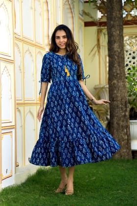 TRADITIONAL BAGRU PRINTBagru Hand Block Printed Cotton One Piece DressAttached Dori with Tussle in Neck Line/