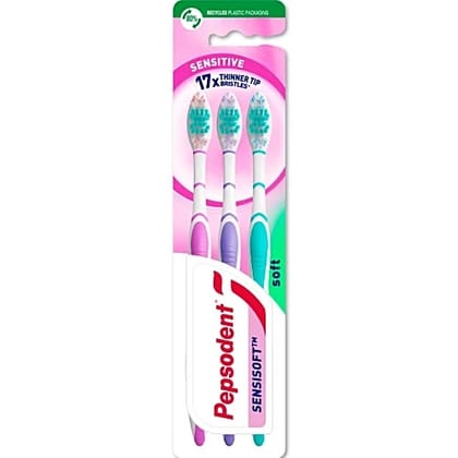 Pepsodent Sensisoft Soft Bristles Toothbrush - For Adults, Assorted Colours, 3 pcs