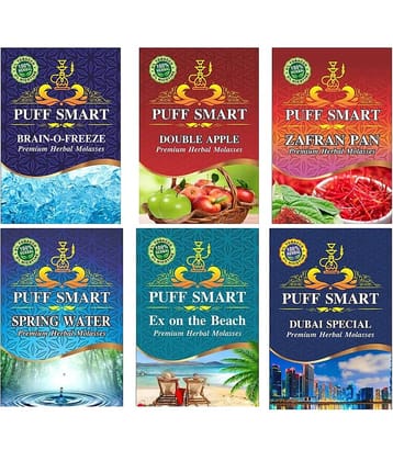 PUFF SMART Herbal Hookah Molasses (100% Nicotine and Tobacco Free) Double Apple, Brain-o- Freeze, Zafran Pan, Dubai Special, Ex on The Beach and Spring Water Hookah (Pack of 6)