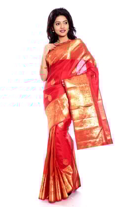 Kanchipuram Silk Saree in Red + Thilagam Motifs  + Elephant-Horse Motif Gold Zari Border
