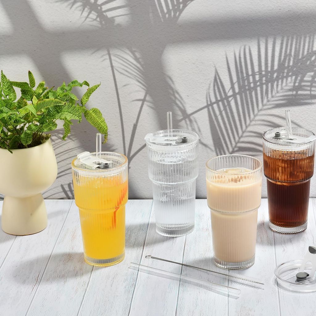 Elegant Ribbed Sipper Glass Long Mug 450 Ml Set of 1 with Reusable Glass Straw Stylish Vertical Lining Perfect for iced Coffee, Smoothies, Milkshakes, Juice, and Cold Beverages