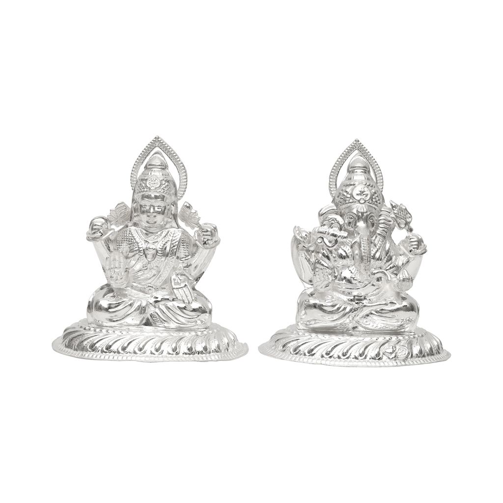 Pure Silver Lakshmi Ganesh Idol Set with Prabhavali | 925 Hallmarked Laxmi Ganesha Murti for Puja, Diwali Gift, Home Temple Décor I Weight - 70 g