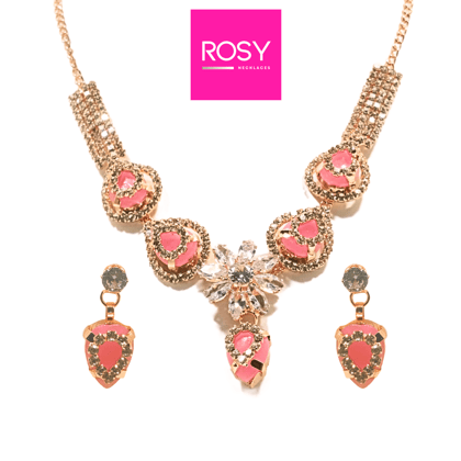ROSY Handcrafted Rose Gold Plated Heart Pendant Necklace Set with Matching Earrings | American Diamonds | Pink Accents