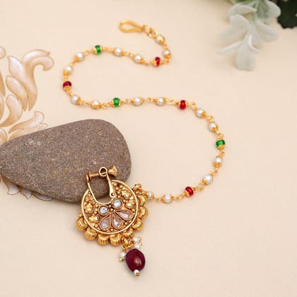 Maroon & Green Color Nose Nath (NTH346MG)-Length: 22.00 CM x Width: 0.20 CM / Pink / Alloy With Good Quality Gold Plated