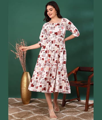 Yash Gallery Women Cotton Blend Printed Fit & Flare Dress ( White )