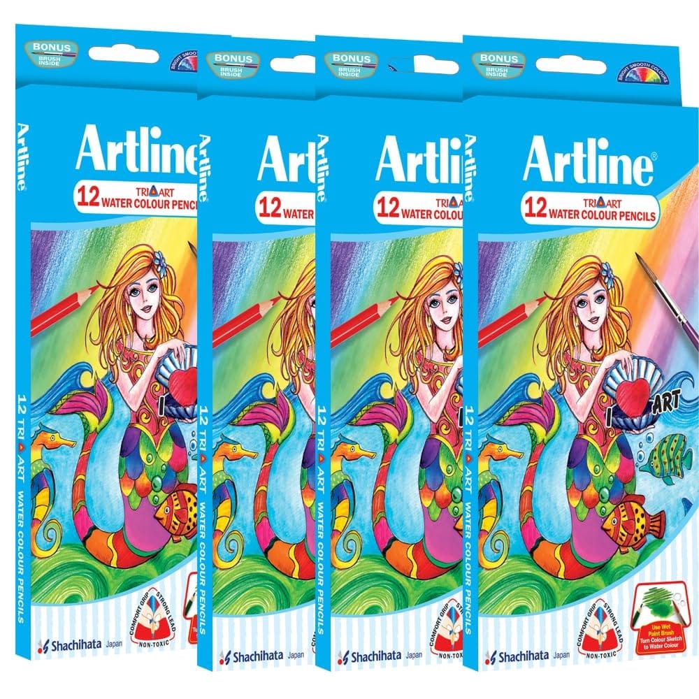 Artline Water Colour Pencil Pack of 12 with Free 7 inch Brush inside X 4 Packs | Bright Smooth Colours