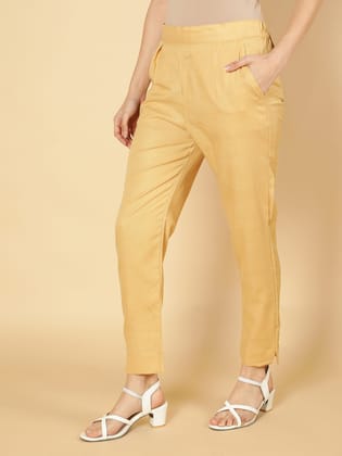 "Women Solid Plain Cotton Trouser Pant (Beige) "