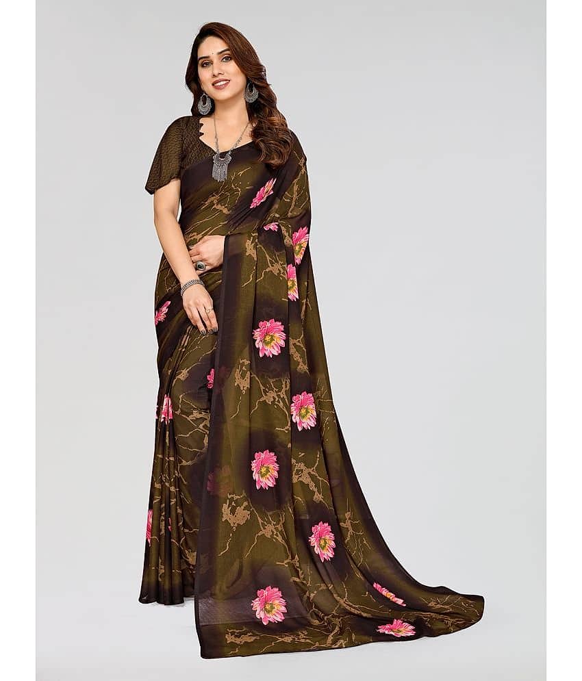 Kashvi Sarees Georgette Printed Saree With Unstitched Blouse Piece ( Brown )