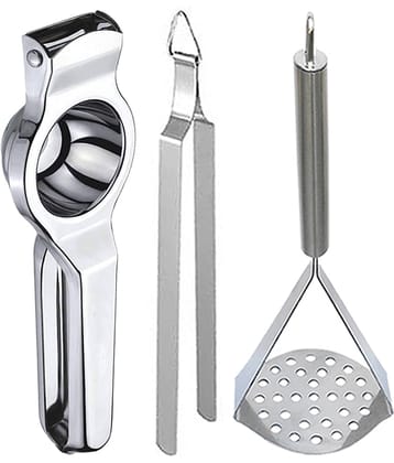 JISUN - Silver Stainless Steel Lemon Squeezer & Roti Chimta & Potato Masher ( Set of 3 )
