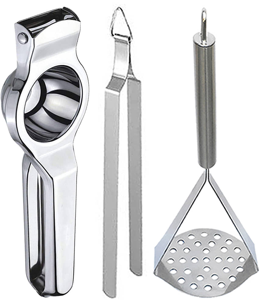 JISUN - Silver Stainless Steel Lemon Squeezer & Roti Chimta & Potato Masher ( Set of 3 )