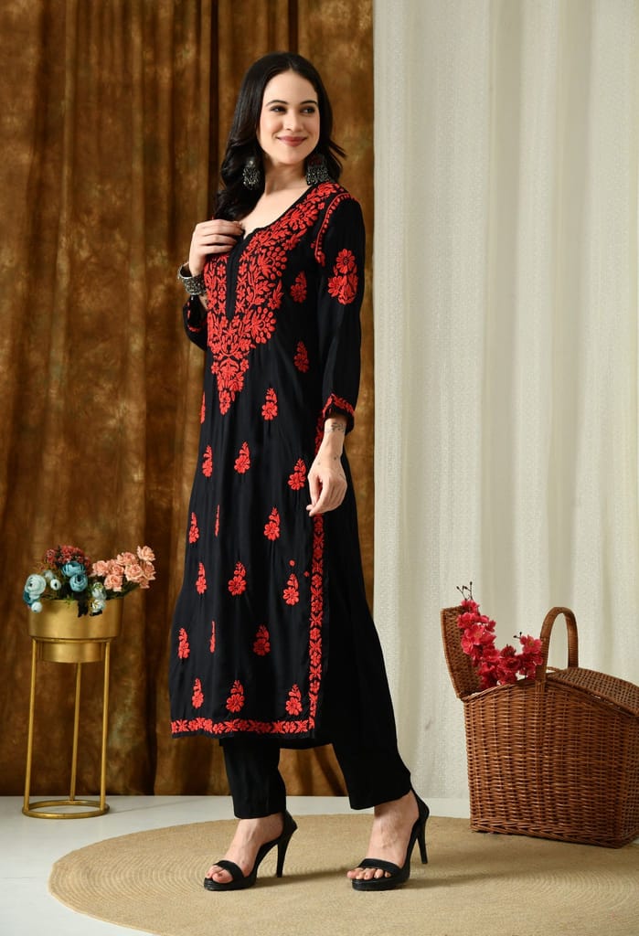 Black Kurta with Intricate Chikankari Work - Red