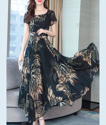 Raabta Fashion Women Georgette Printed Fit & Flare Dress ( Black )