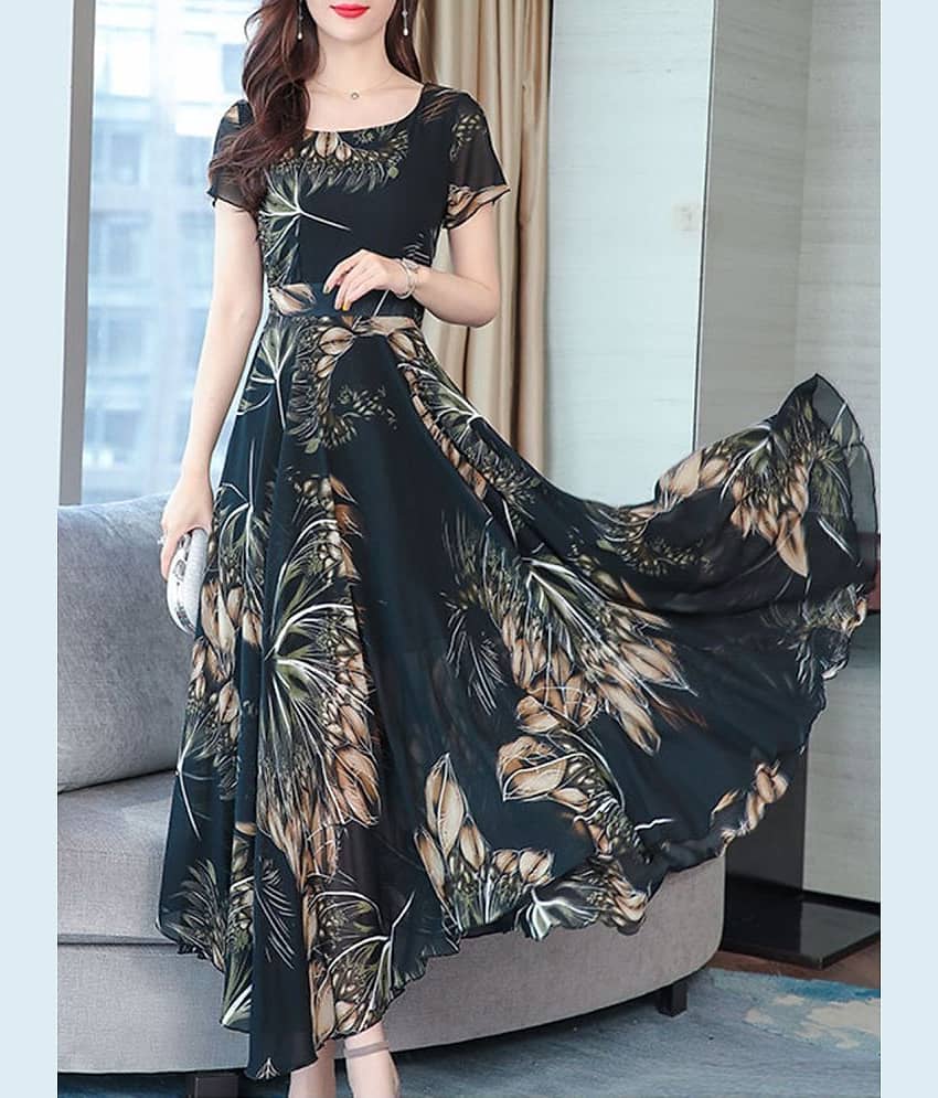 Raabta Fashion Women Georgette Printed Fit & Flare Dress ( Black )