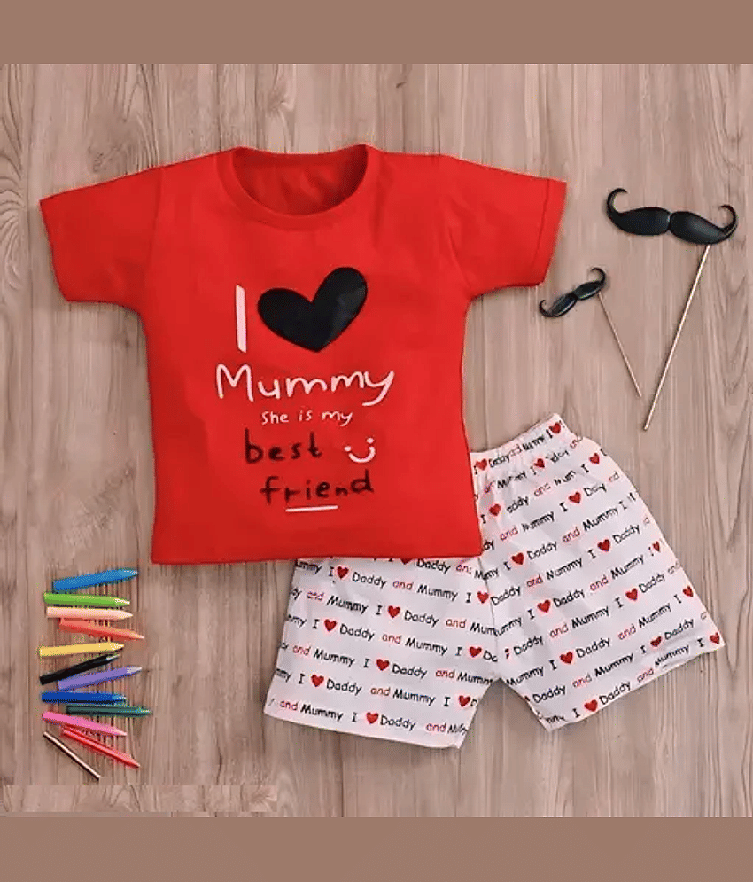VELION Pack of 1 Boys Cotton Blend T-Shirt & Shorts Set ( Red )