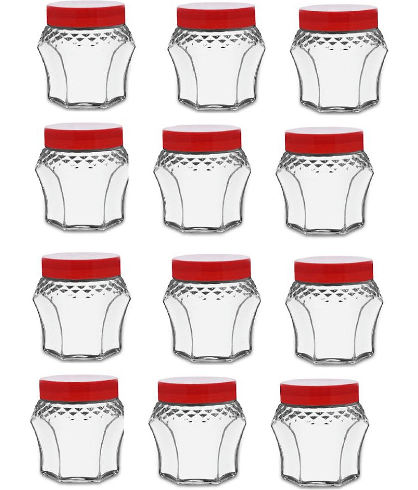 CROCO JAR 300ML-CRYSTAL-REDLID Glass Red Spice Container ( Set of 12 )
