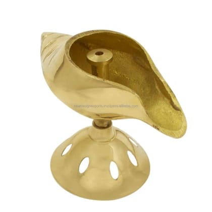 Gold Brass Shankh Conch Shell Akhand Deep Oil Lamp, Traditional Golden Finish Pooja Diya For Home Temple, Mandir
