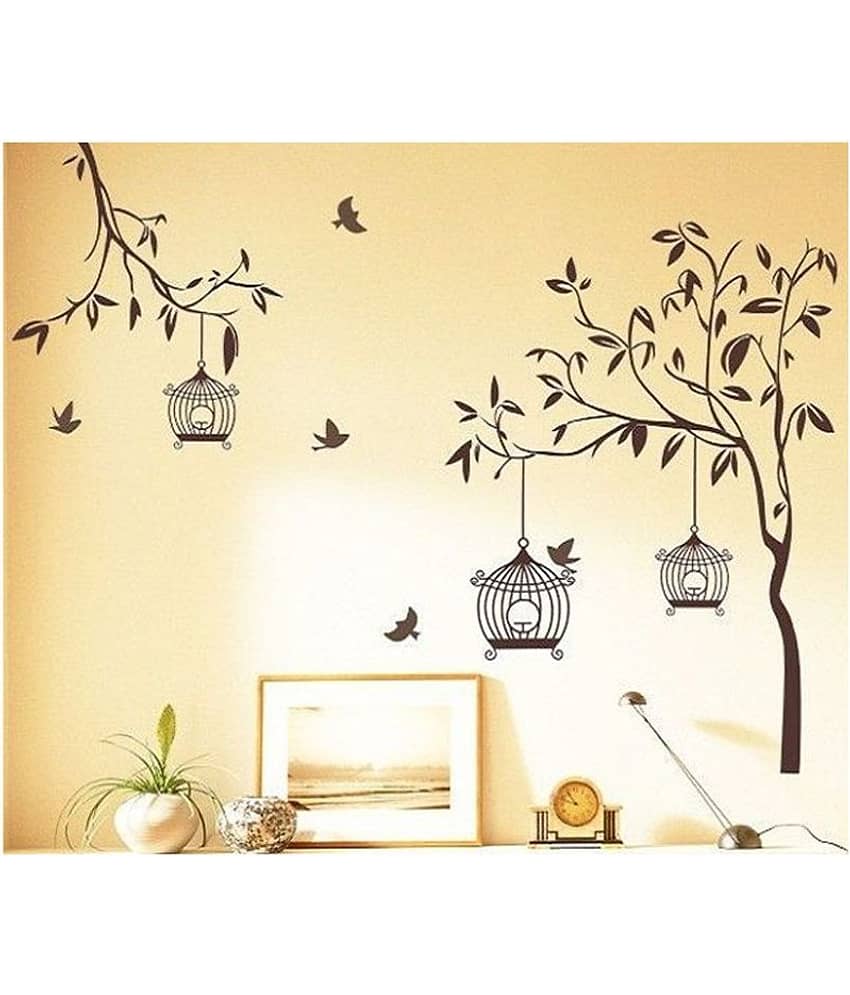Asmi Collection Tree Birds and Cage Nature Sticker ( 110 x 140 cms )