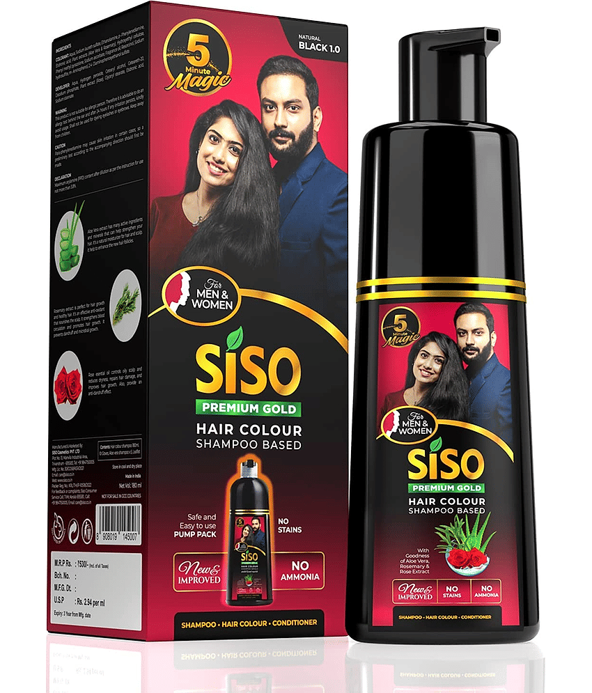 Siso Permanent Hair Color Shampoo Pump pack, Natural Black , No Skin Stain, No Ammonia, No Parabens,180ml,Pack of 1